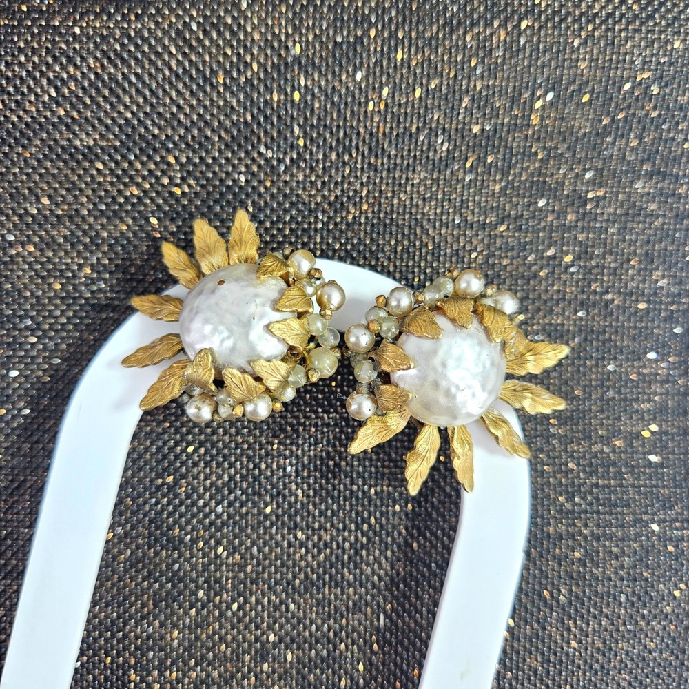 Miriam Haskell Vintage Faux Baroque Pearl Gold Tone Leaf Clip On Earrings Signed